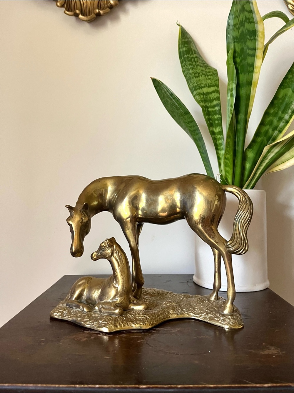 Vintage Solid Brass Mare and Foal Horse Figurine